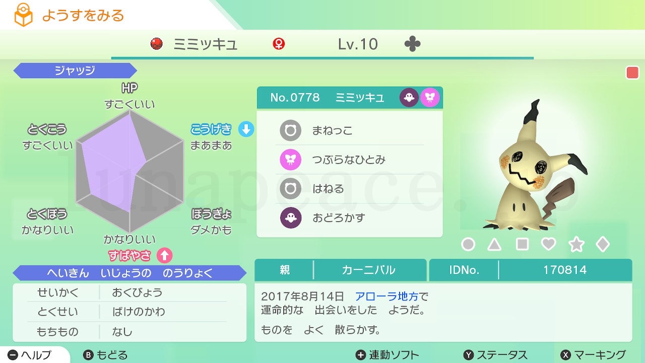 No.0778 ミミッキュ♀（親 カーニバル:170814）