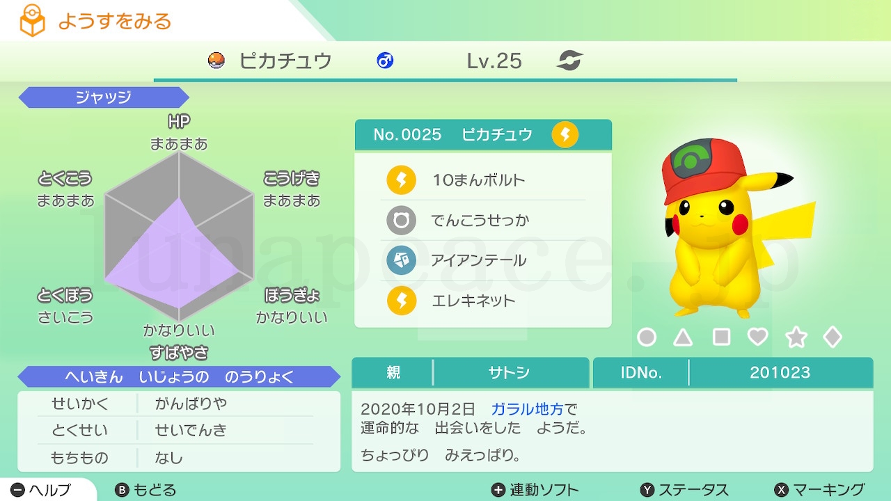 No.0025 ホウエンキャップピカチュウ♂（親 サトシ:201023）