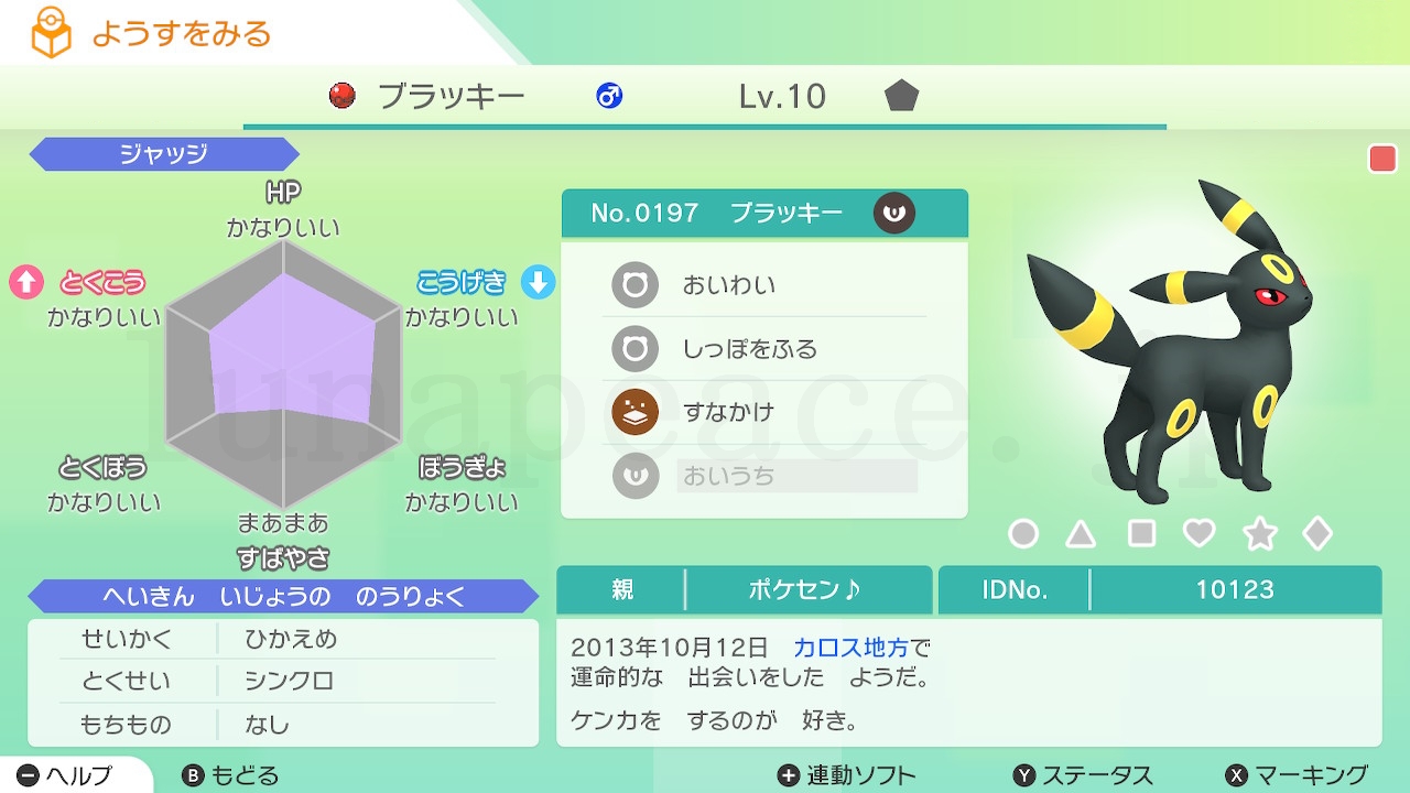 No.0197 ブラッキー♂（親 ポケセン♪:10123）